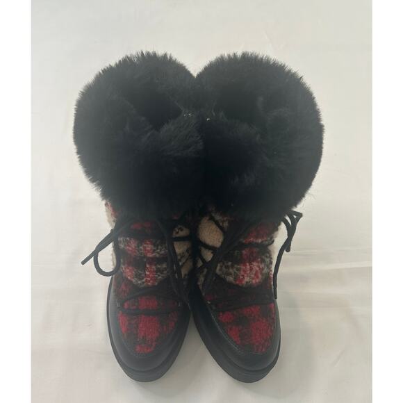 Jessica Simpson women's Wedge Red Plaid with Black Fur Boots - Picture 3 of 4